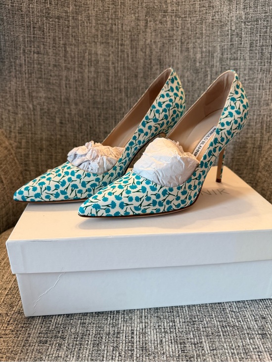 Manolo Blahnik Shoes - Manolo Blahnik Teal and White Floral Pointed Toe Pumps